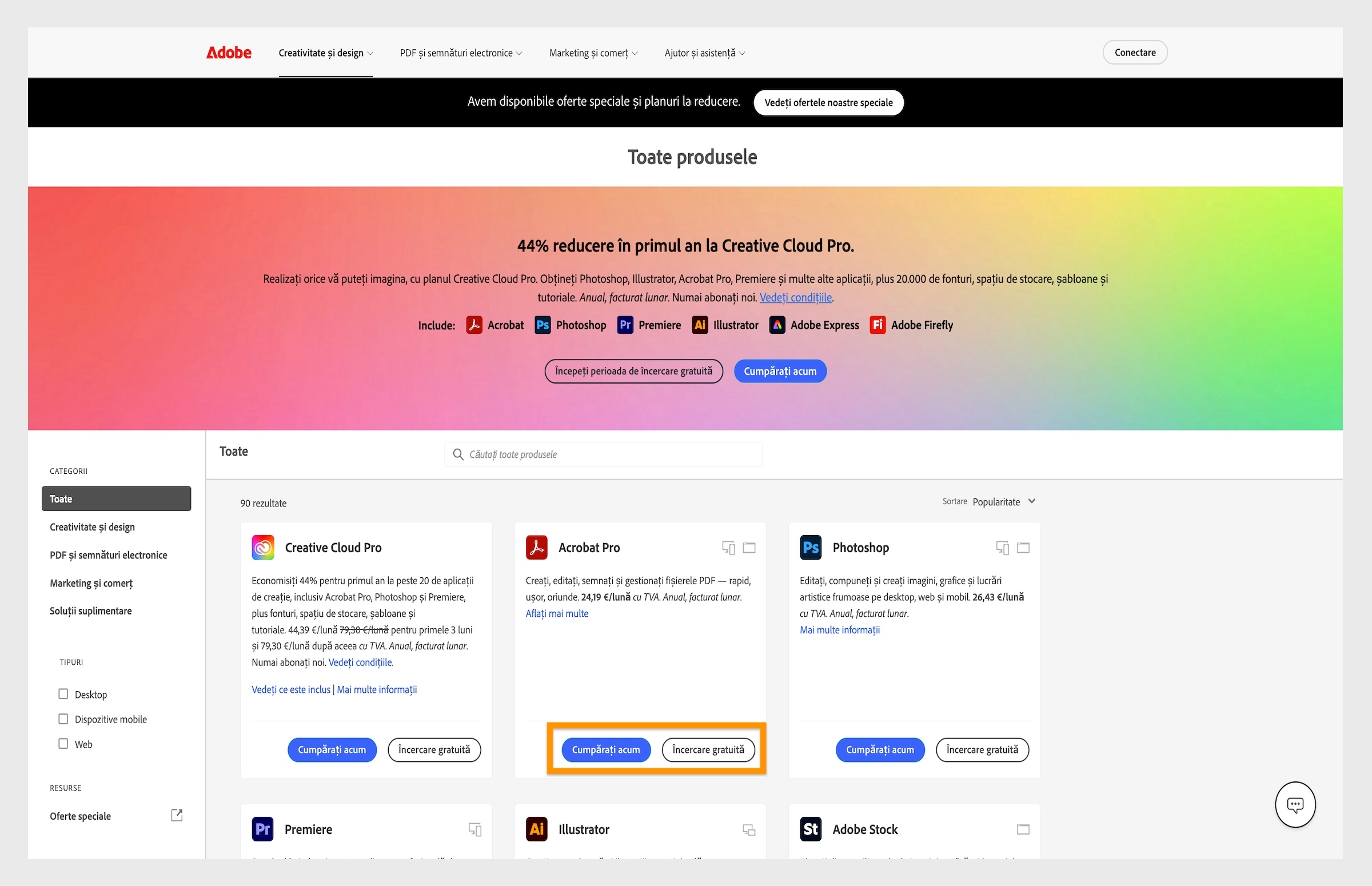 Pagina web cu catalogul de produse de la Adobe afișează opțiunile de abonare la Creative Cloud cu prețuri și linkuri de descărcare.