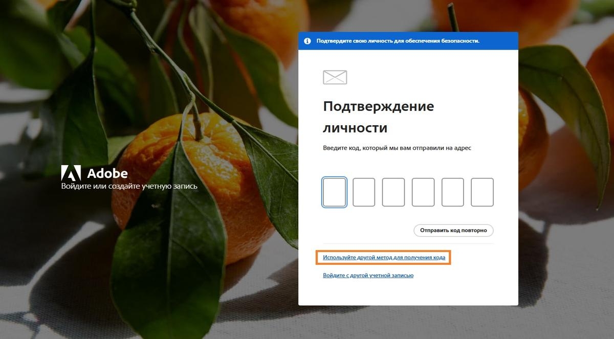 Кнопка «Использовать другой способ получения кода» предлагает альтернативные методы получения кода подтверждения.