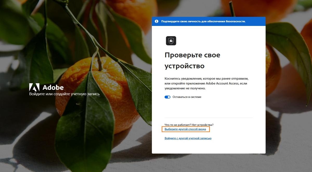 Страница входа Adobe с окном «Проверьте устройство», где выделен пункт «Выбрать другой способ входа».