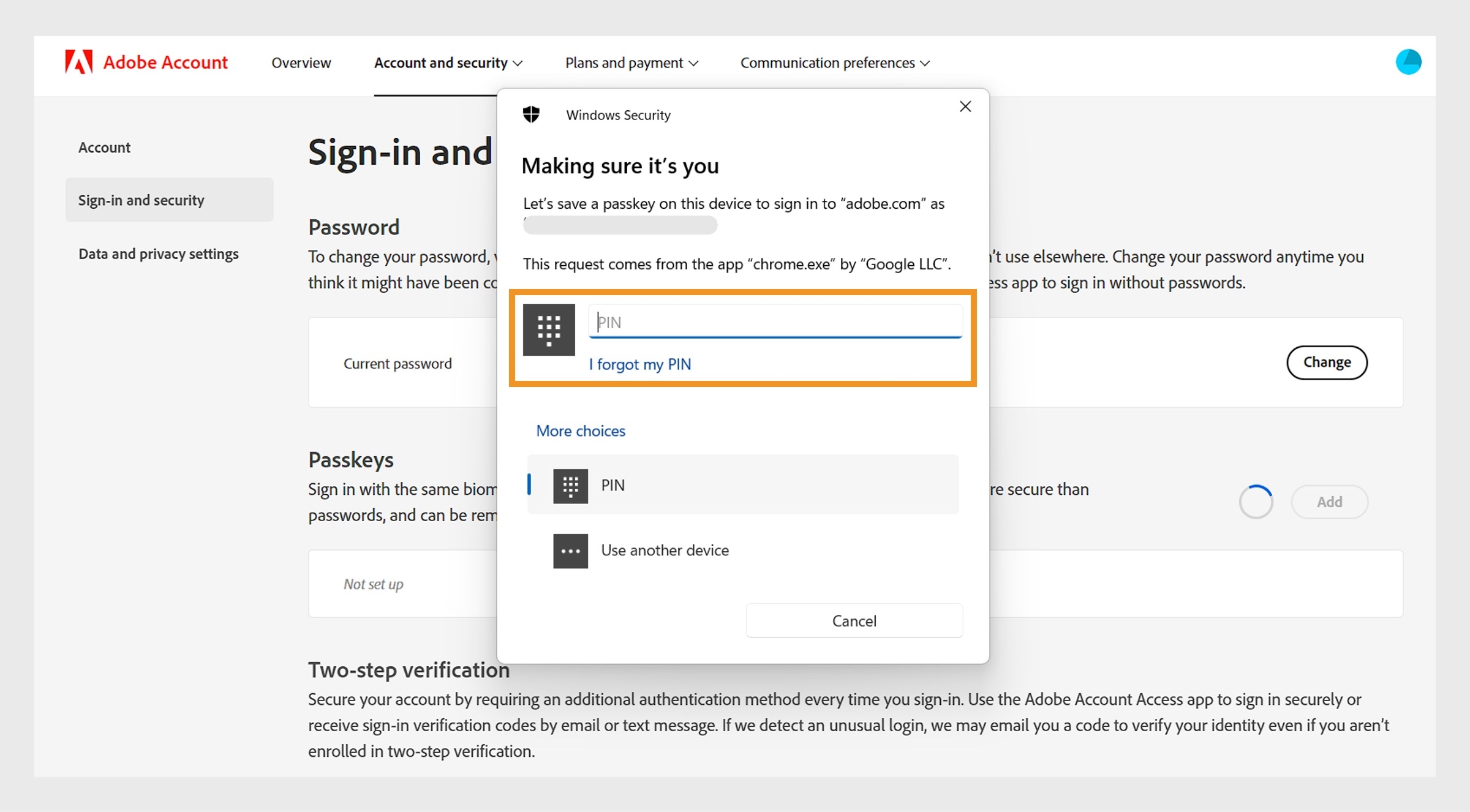Поле для ввода PIN-кода устройства, доступное в окне подтверждения личности, позволяет сохранить ключ доступа с помощью PIN-кода устройства и использовать его для входа. 