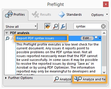 Нажмите «Анализировать и исправить PDF»
