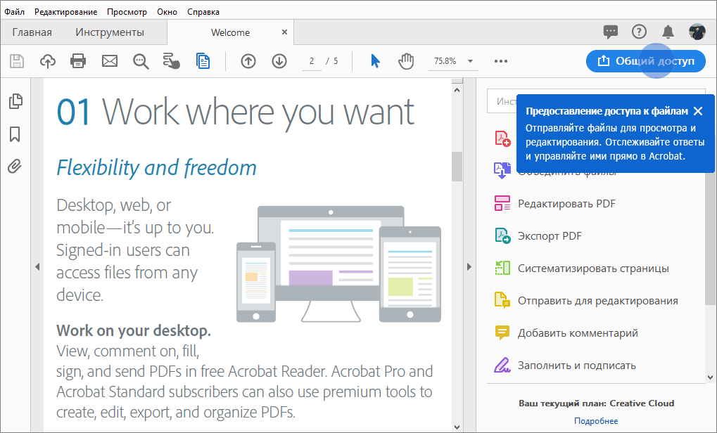 Совет Acrobat по общему доступу к файлу PDF