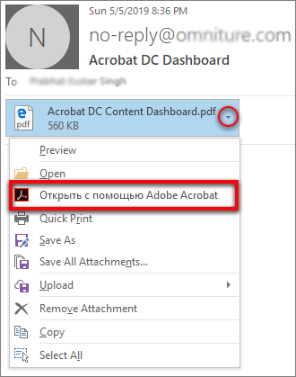 Опция «Открыть в Acrobat» в выпадающем списке вложения PDF