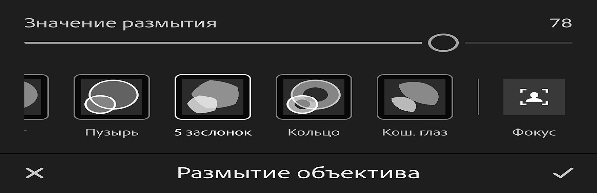 снимок экрана с панелью &laquo;размытие объектива&raquo;