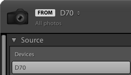Панель «Источник» с выбранной камерой в Lightroom Classic CC.