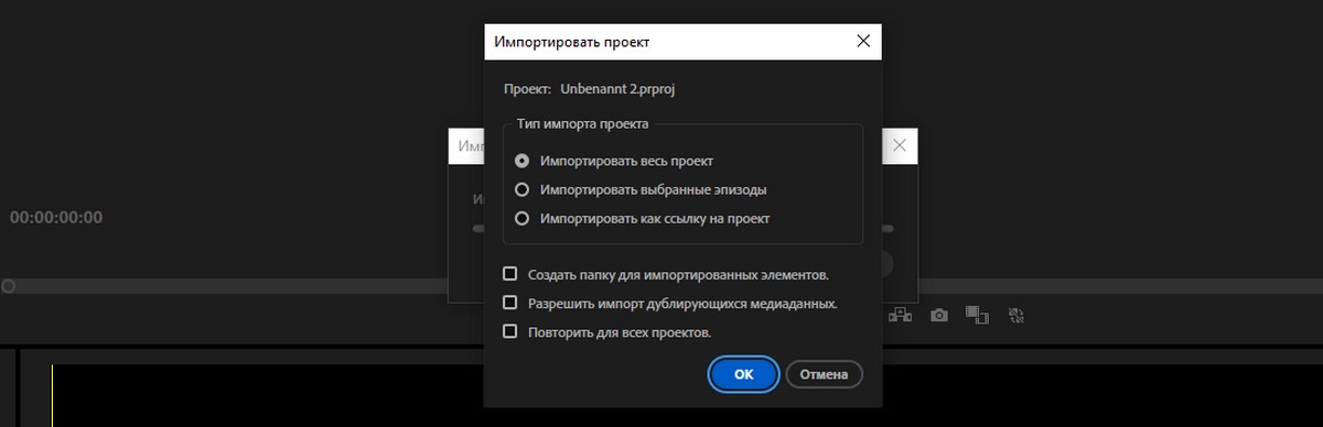 Параметры при импорте рабочей среды сохраненного проекта в текущий проект. Выбрана опция для импорта рабочей среды сохраненного проекта в текущий проект., Изображение