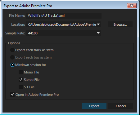 Диалоговое окно «Экспорт в Premiere Pro»