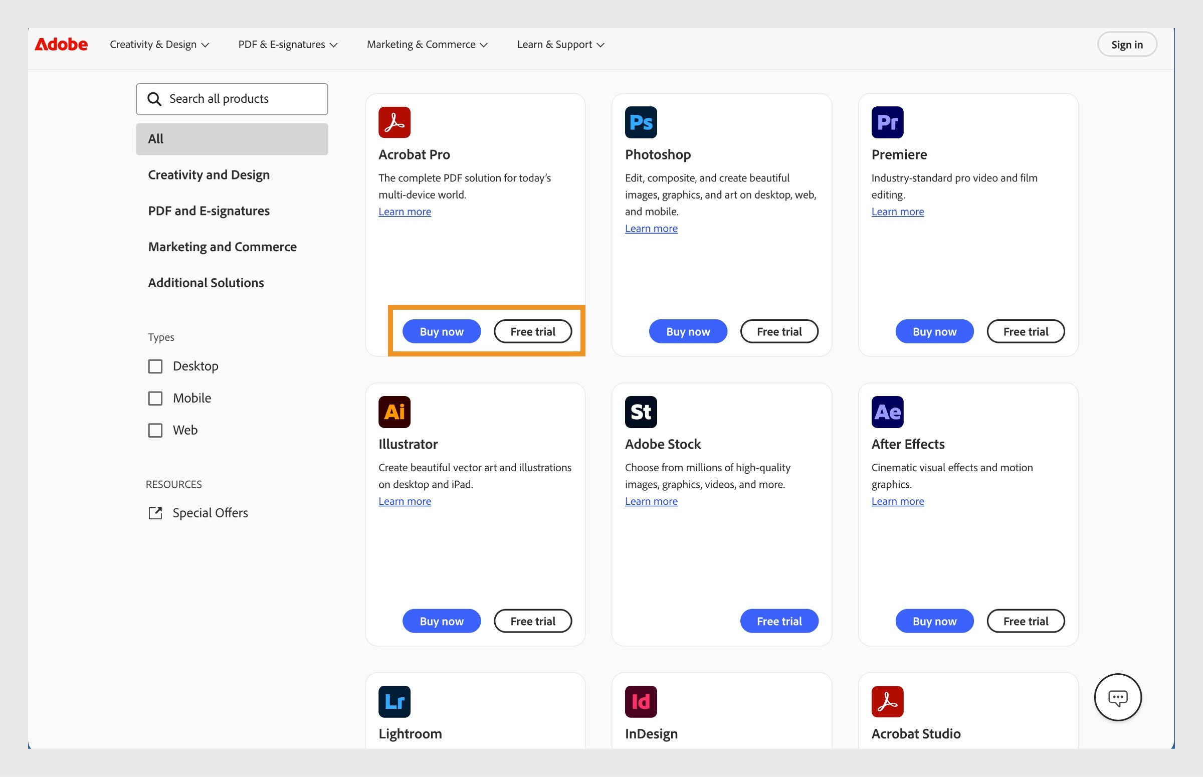 Веб-страница каталога продуктов Adobe, показывающая варианты подписки Creative Cloud с ценами и ссылками для загрузки.