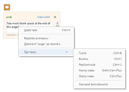 S textom v rozbaľovacom okne a možnosťami formátovania 