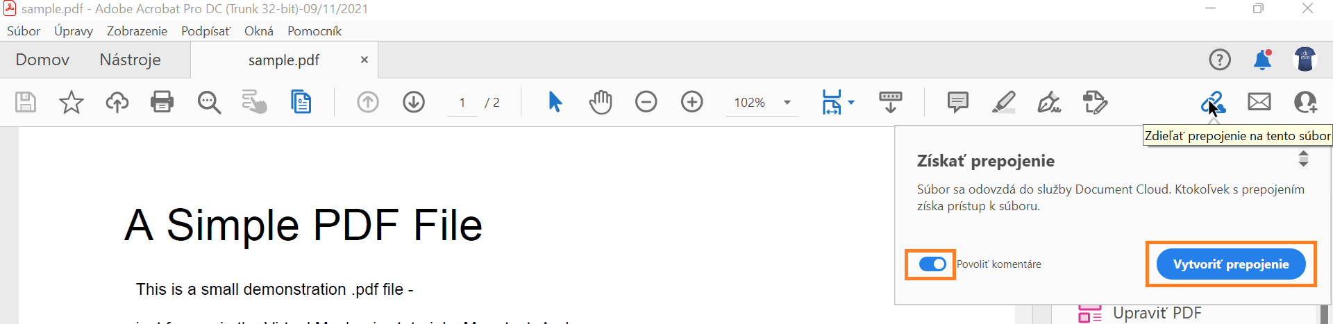 Kopírovanie prepojenia a zdieľanie