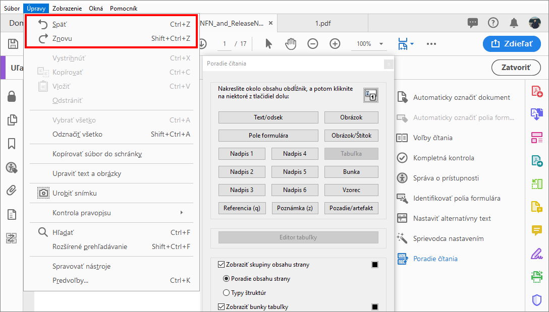 Funkcie Späť a Znova vykonať pre zmeny značiek