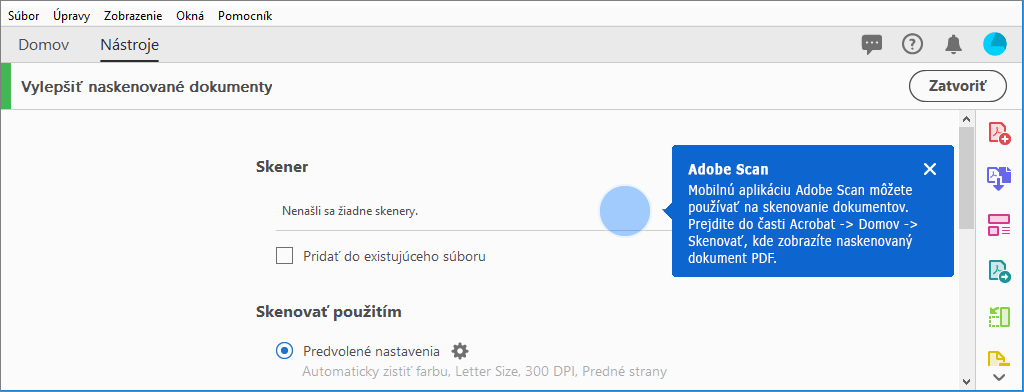 Kontextový tip na použitie mobilnej aplikácie Adobe Scan, ak sa nenájdu skenery