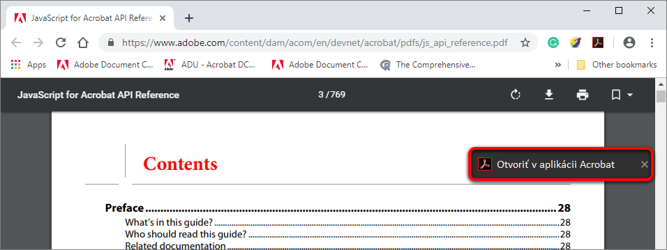 Otvorenie v aplikácii Acrobat z prehliadača Chrome