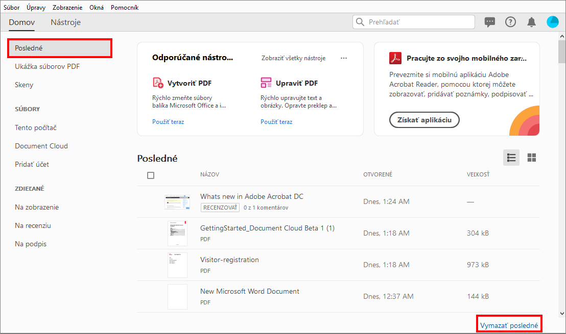 Vymazanie zoznamu Posledné súbory
