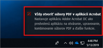 Oznámenie na pruhu s výzvou na nastavenie aplikácie Acrobat ako predvolenej aplikácie pre súbory PDF