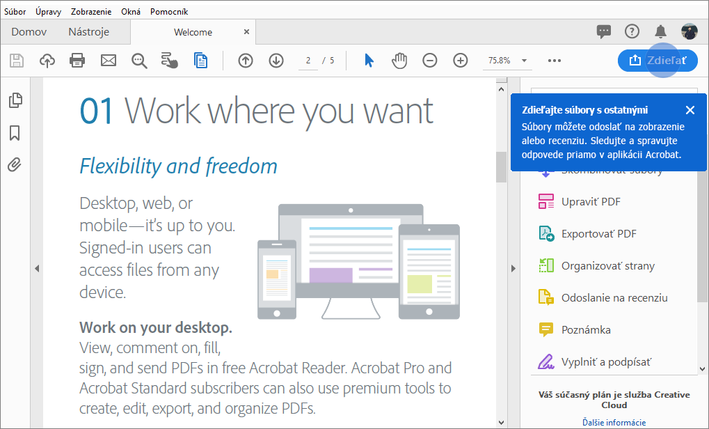 Tip pre aplikáciu Acrobat na zdieľanie súborov PDF