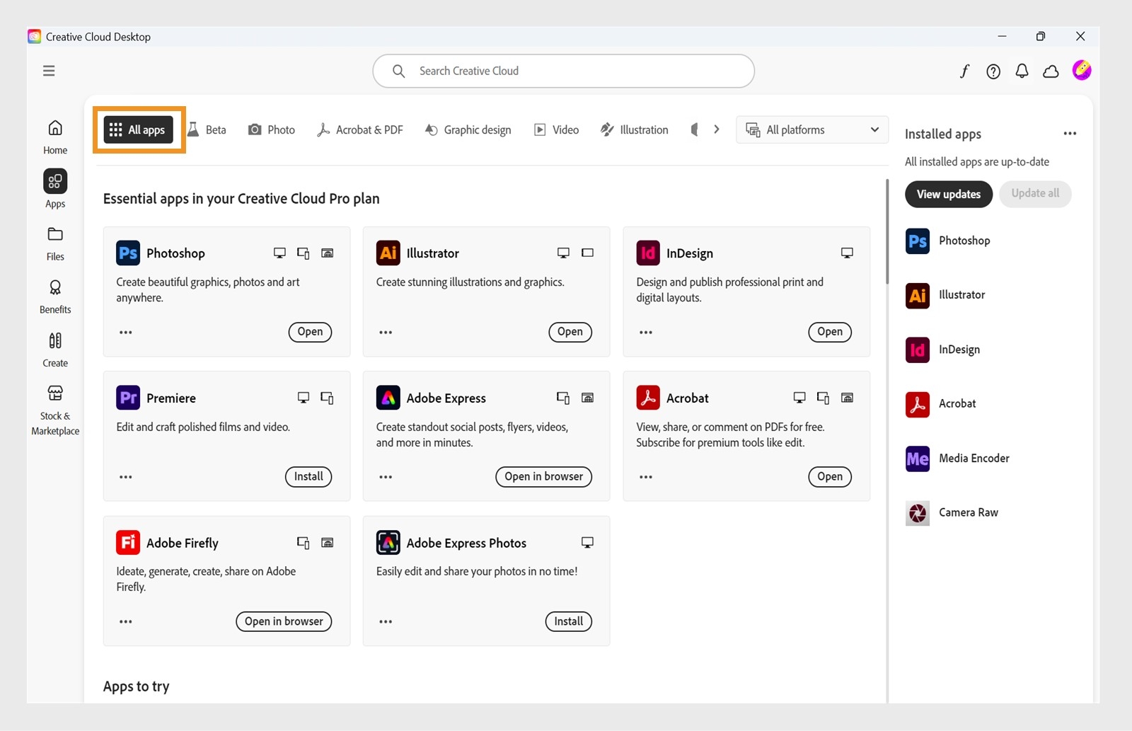 Karta Všetky aplikácie zobrazuje všetky aplikácie Creative Cloud s tlačidlom s tromi bodkami pre každú aplikáciu. 