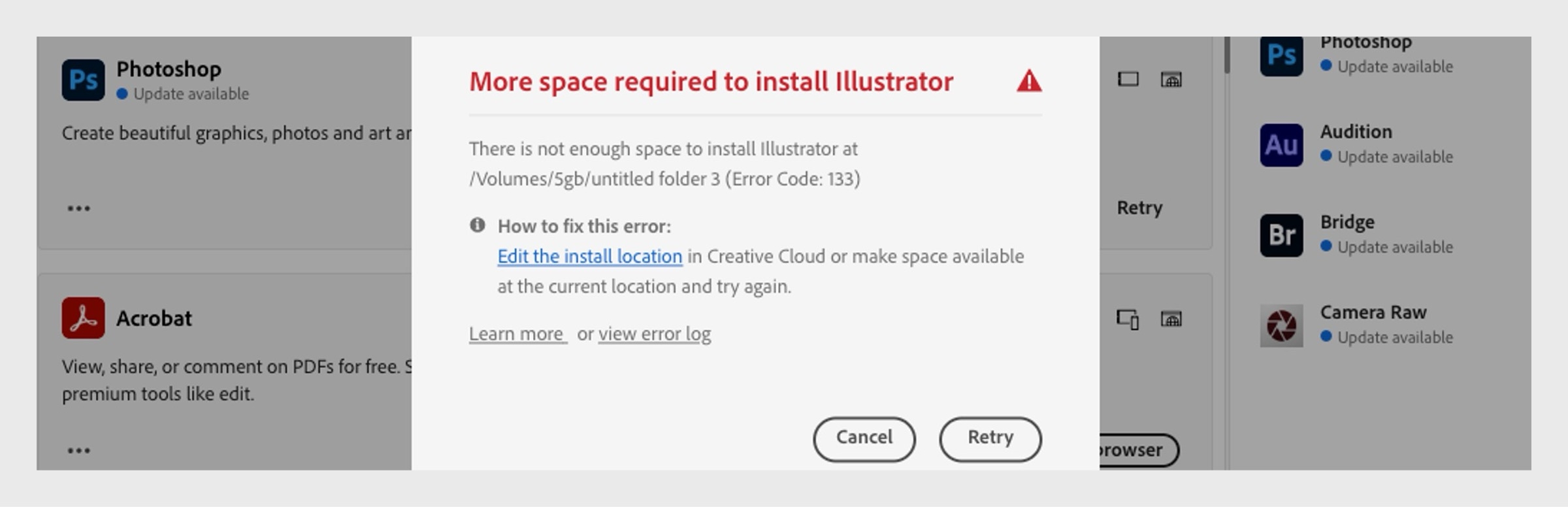 Dialógové okno chyby zobrazujúce „Viac miesta potrebného na inštaláciu programu Illustrator" s kódom chyby 133, správou o nedostatočnom úložisku a tlačidlami Zrušiť a Opakovať.