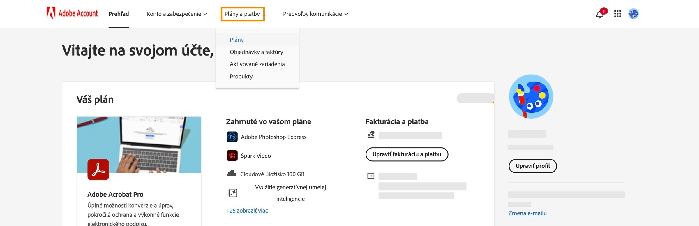 Stránka konta Adobe so zvýraznenou kartou Plány a platby, na ktorej sa zobrazujú podrobnosti o predplatnom pre plán Creative Cloud Photography.