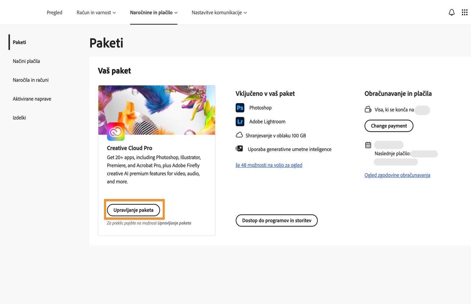 Okno »Paketi«, kjer je pod trenutno aktivnim paketom označen gumb »Upravljanje paketa«.