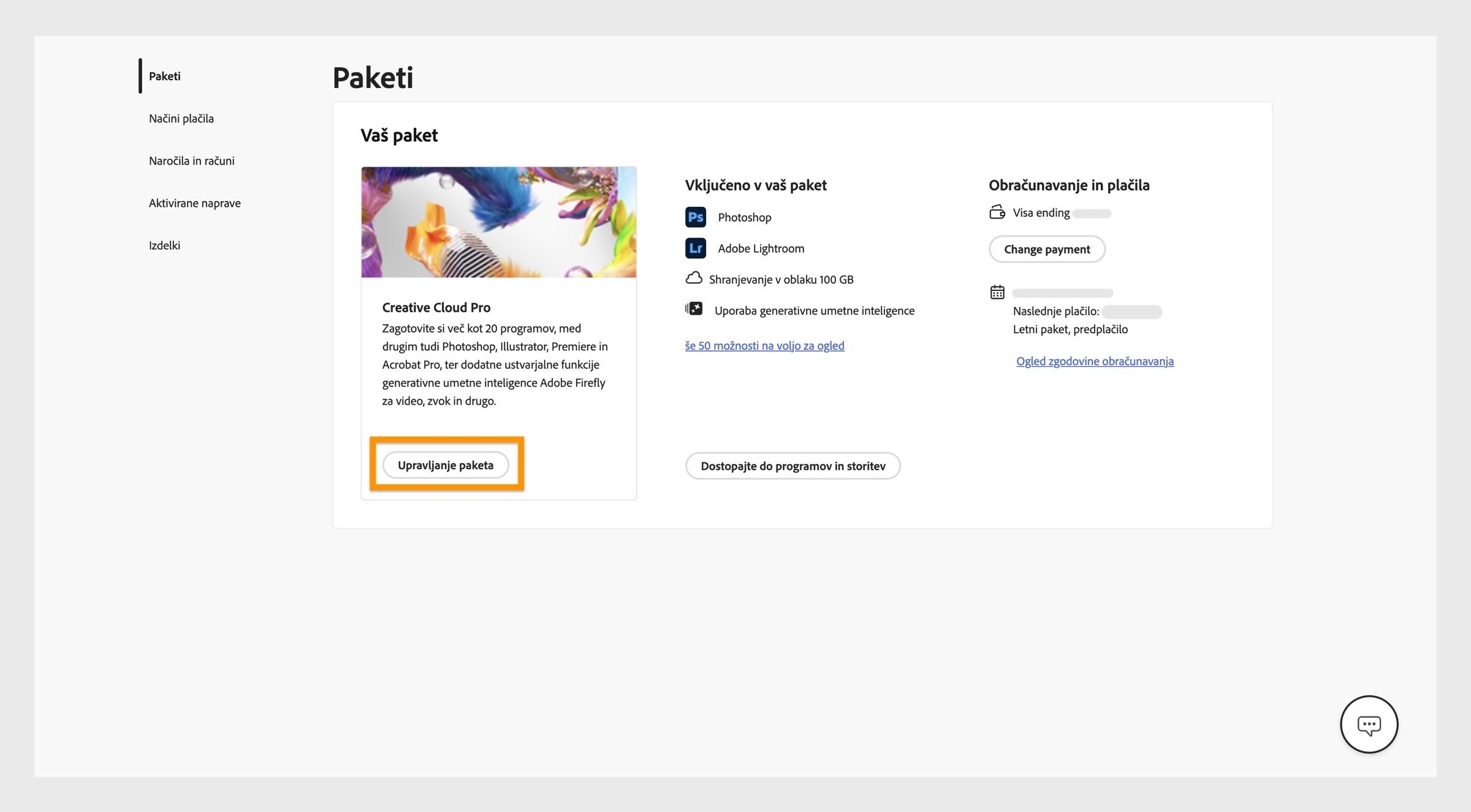 Okno »Paketi«, kjer je pod trenutno aktivnim paketom označen gumb »Upravljaj paket«.