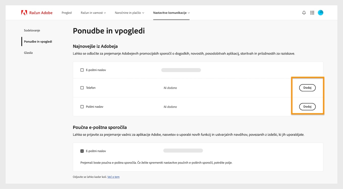 Gumb Dodaj, ki se nahaja na desni strani zaslona pod Najnovejše od podjetja Adobe, vam omogoča dodajanje podrobnosti za komunikacijo, kot sta telefonska številka ali poštni naslov.