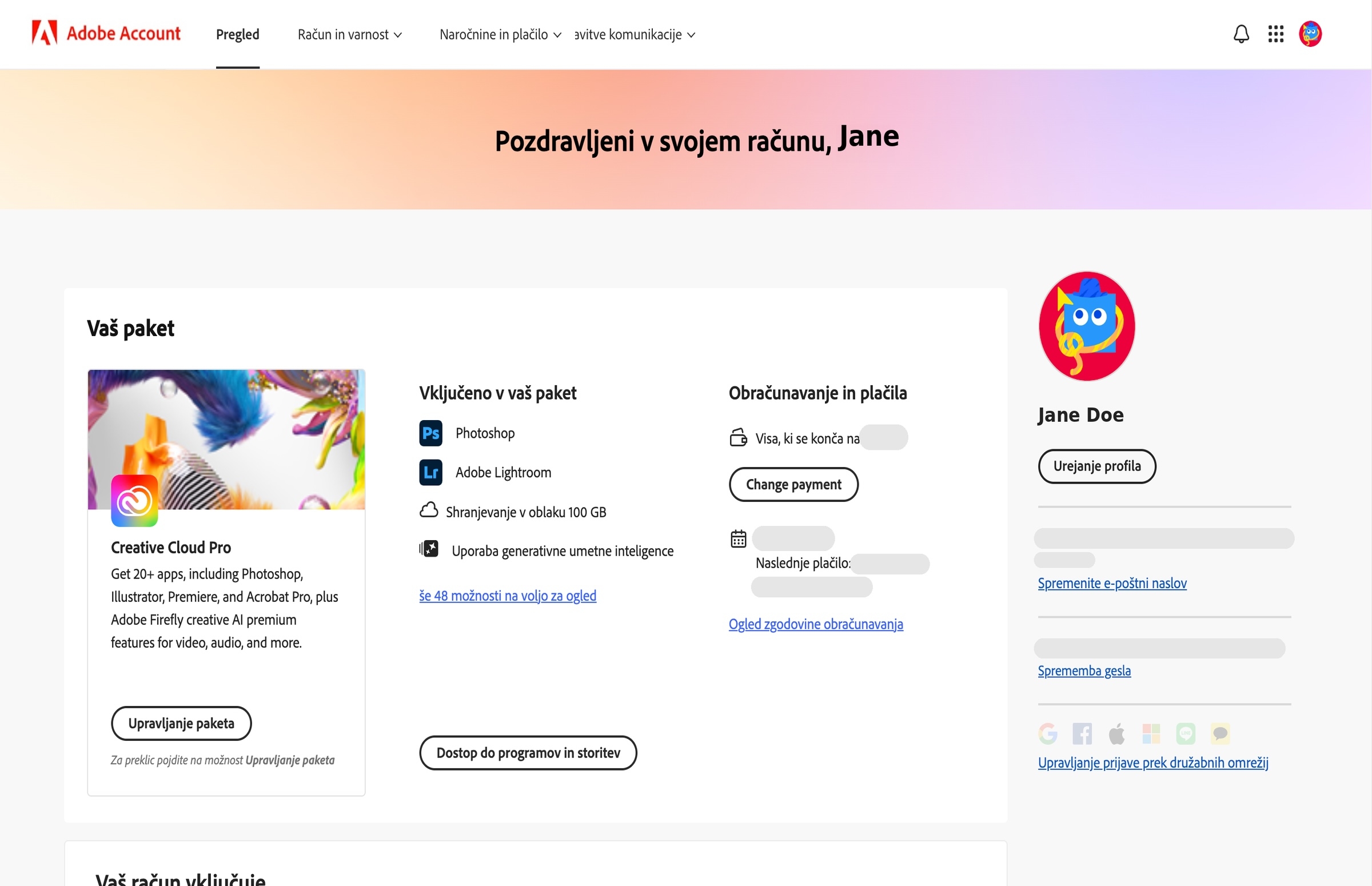 Na strani s pregledom računa Adobe je prikazan paket z možnostmi za upravljanje paketa, dostop do programov in storitev, urejanje obračunavanja in plačil, ogled zgodovine obračunavanja, urejanje profila in drugo.  