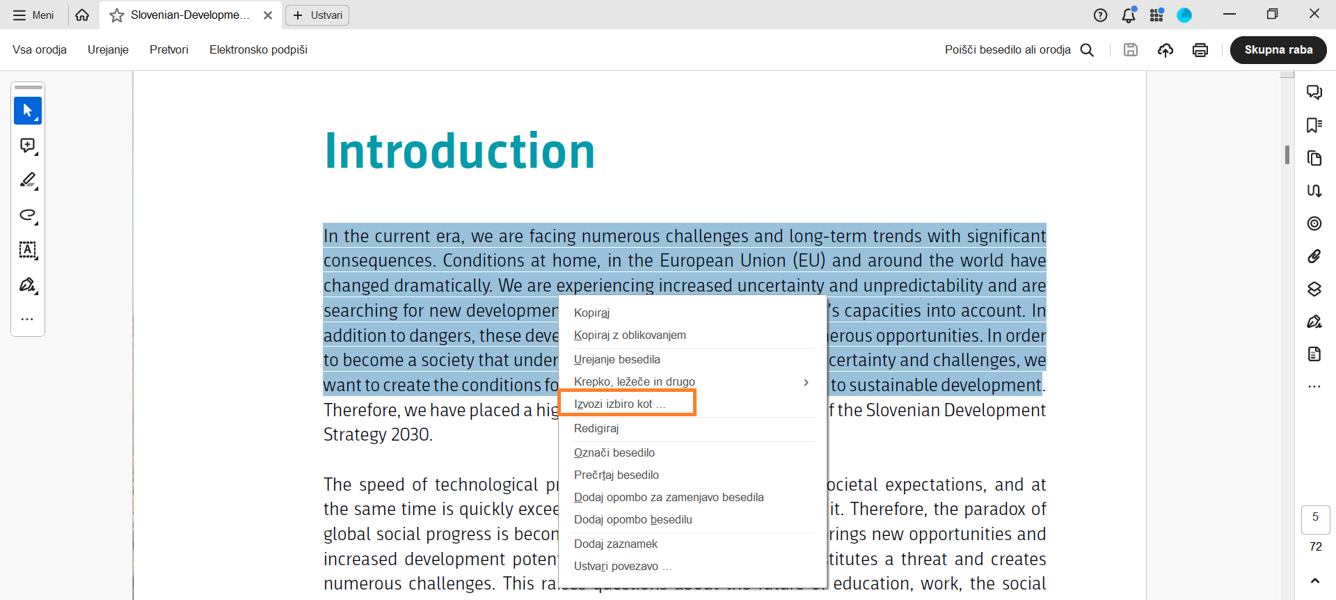 izvozi-izbiro-kot Izberite določeno besedilo in nato možnost Izvozi izbiro kot