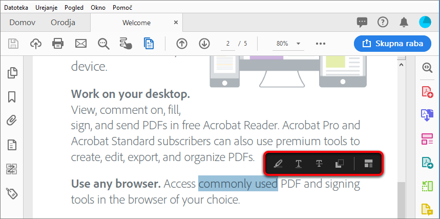 Izbira dejanj za besedilo