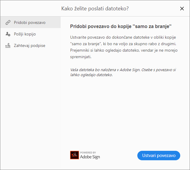 Možnosti skupne rabe za izpolnjen obrazec