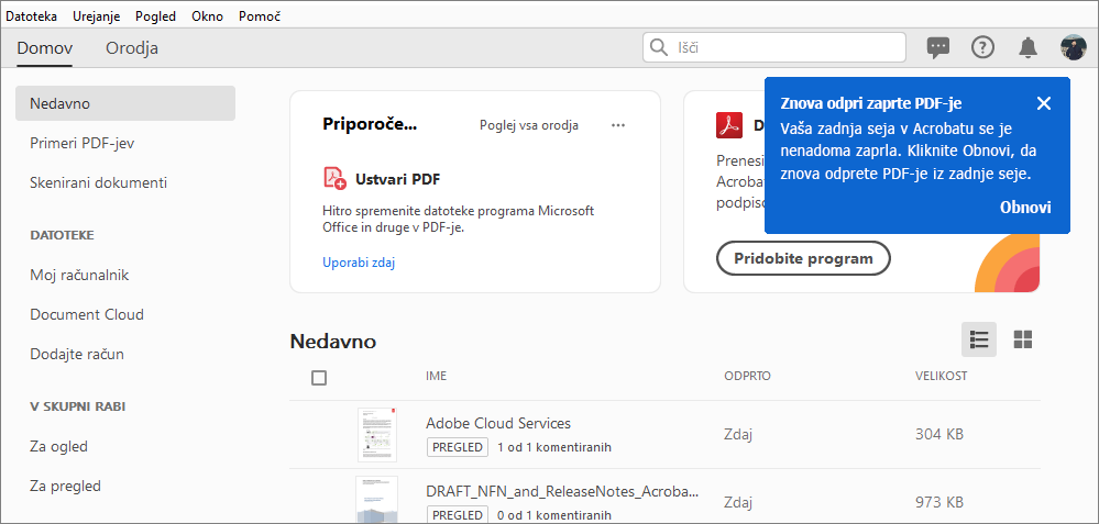 Ponovno odpiranje zaprtih PDF-jev