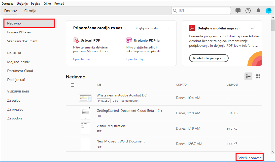 Brisanje nedavnih datotek