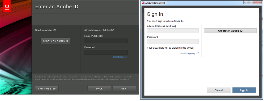 Adobe ID screen