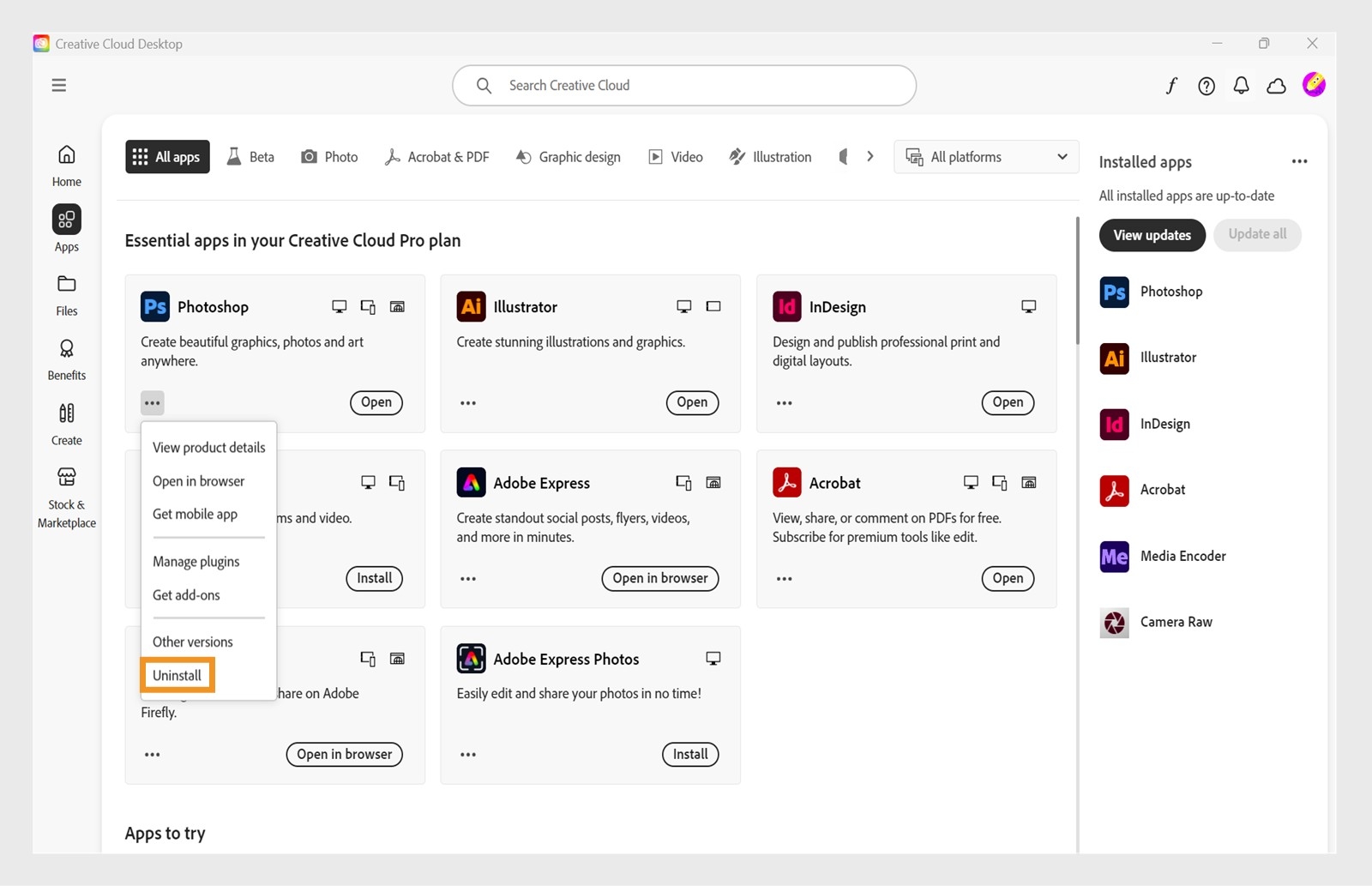 Priročni meni za program Creative Cloud vključuje možnosti za odpiranje v brskalniku in odstranitev. 