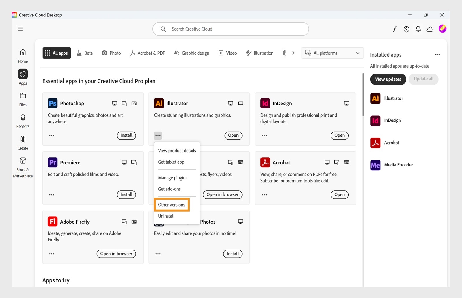 Meni Več dejanj omogoča namestitev starejših različic programa. Namestite lahko razpoložljive starejše različice katerega koli programa Creative Cloud. 