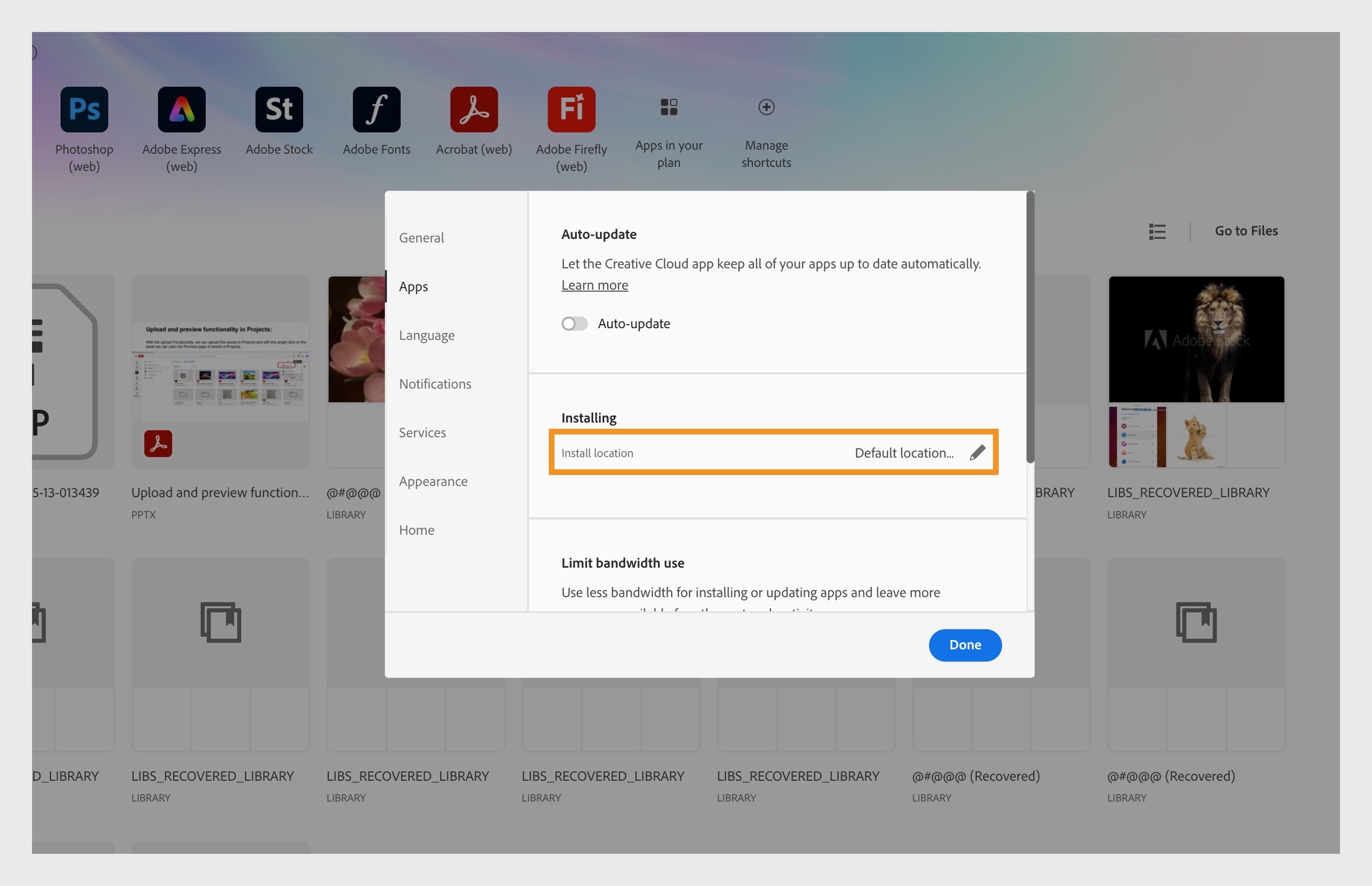 Podokno nastavitev Adobe Creative Cloud, odprto na zavihku "Programi", s poudarjenim razdelkom "Nameščanje", kjer lahko uporabniki nastavijo privzeto mesto namestitve.
