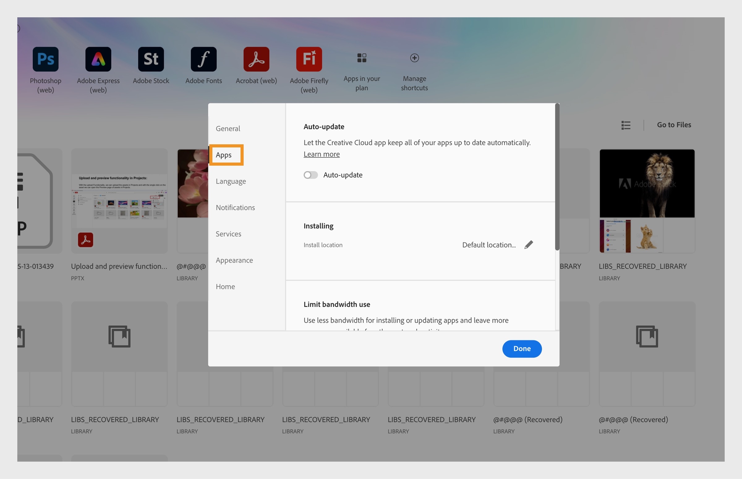 Podokno nastavitev Adobe Creative Cloud, odprto na zavihku "Programi", ki prikazuje možnosti za samodejno posodabljanje, mesto namestitve in uporabo pasovne širine.