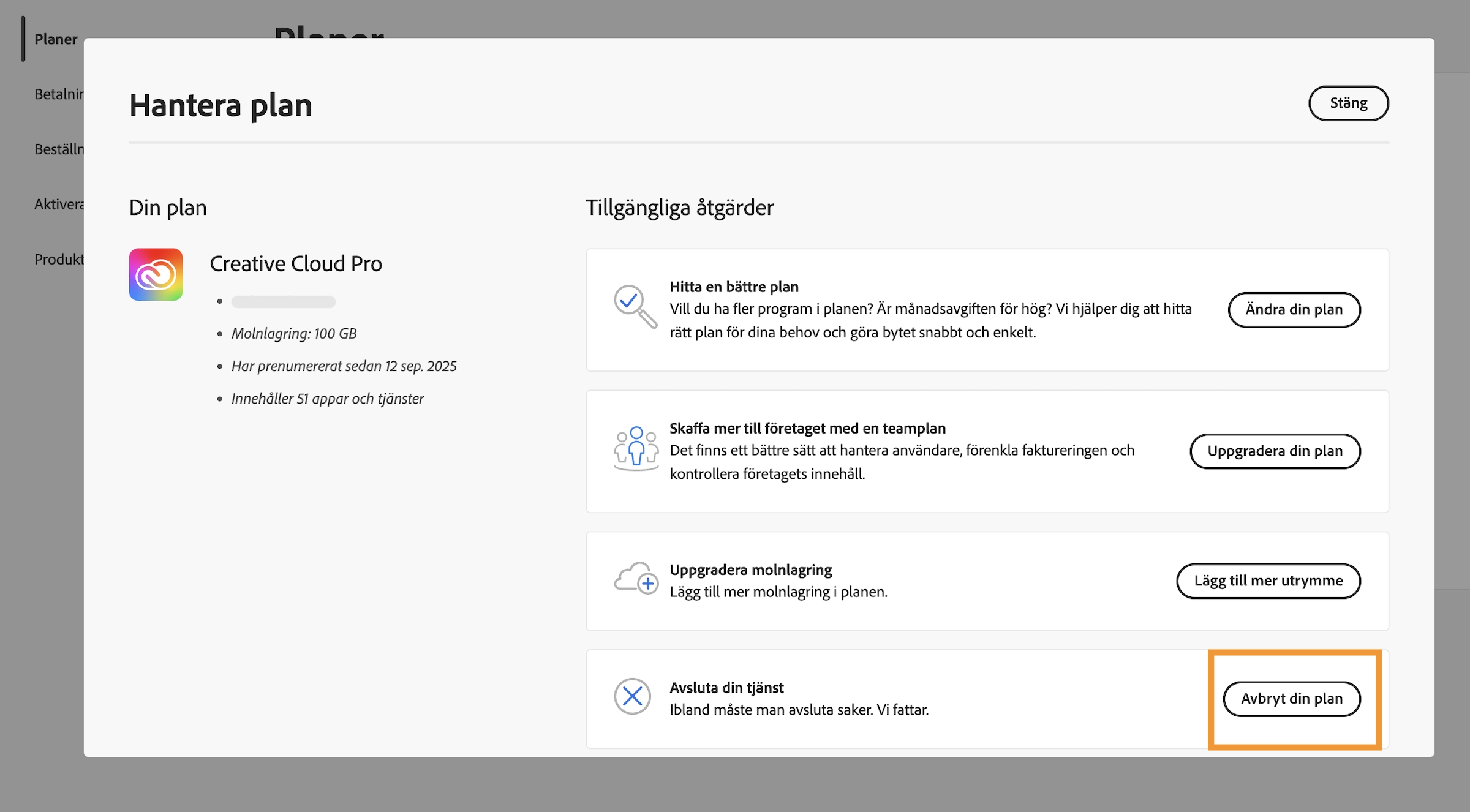 Fönstret Hantera planen, där knappen Avbryt din plan är markerad i avsnittet Avsluta din tjänst under Tillgängliga åtgärder.