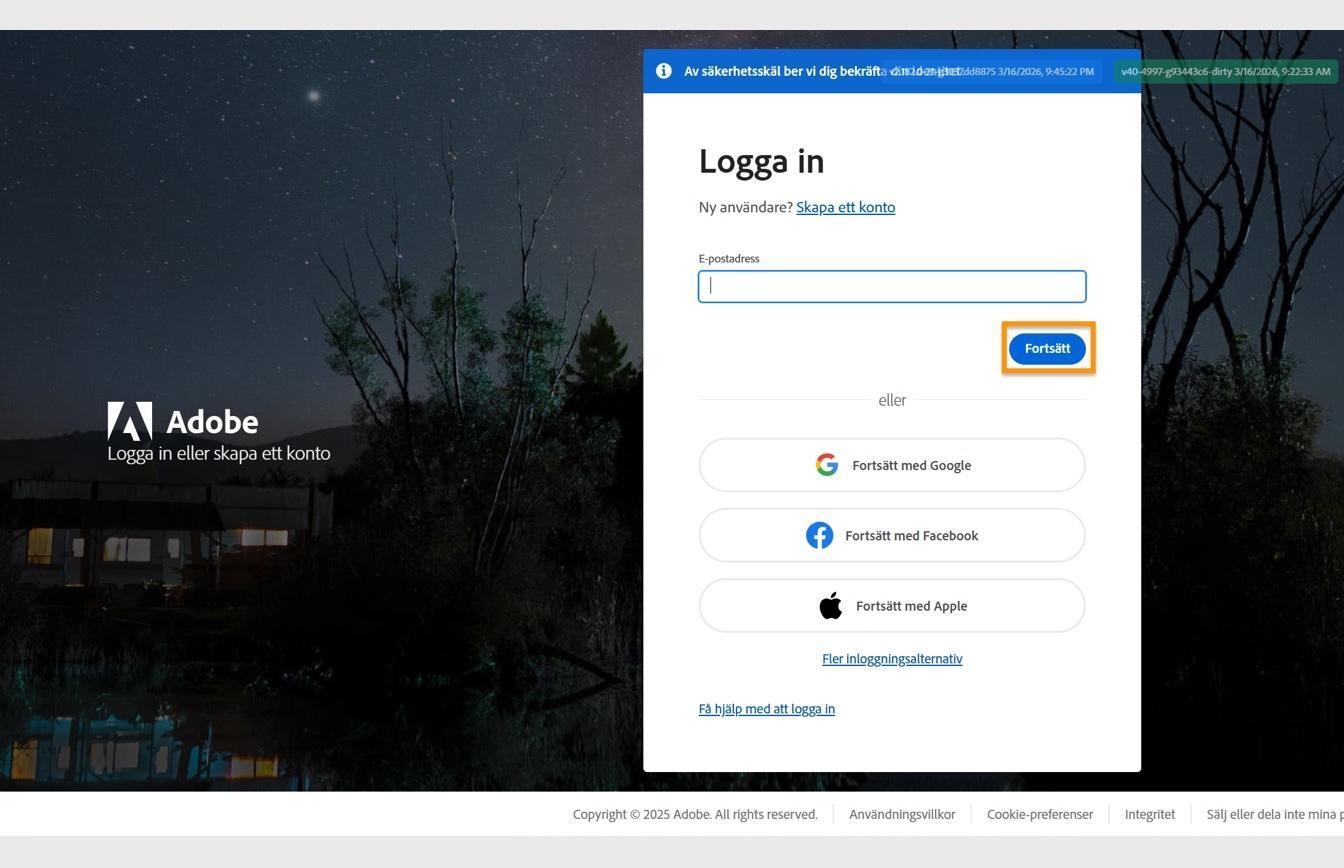 Adobe-inloggningssidan som innehåller fältet för att ange e-postadress och den markerade knappen Fortsätt.