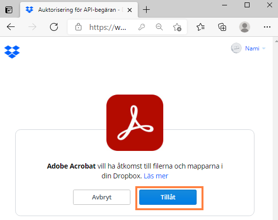 Bekräftelsedialogruta Bekräftelse för att lägga till Dropbox-konto i Acrobat eller Reader