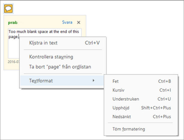 Med popup-text och formateringsalternativ 
