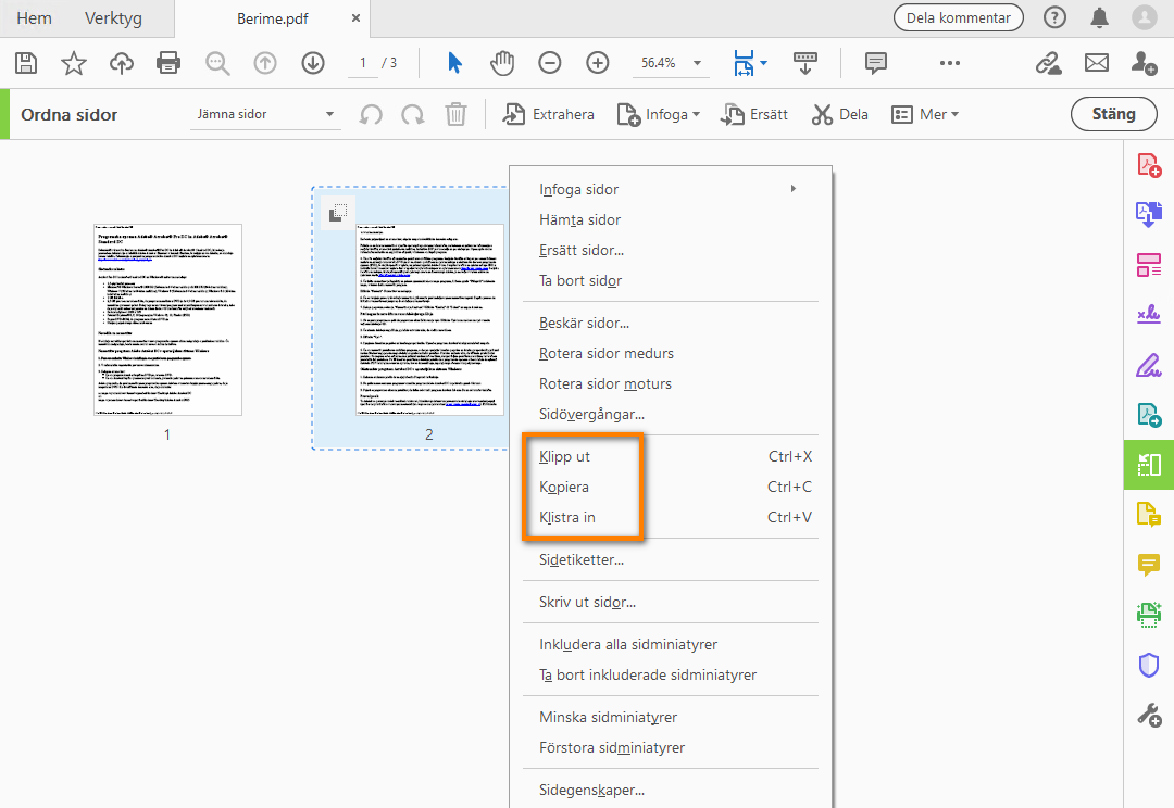 Rotera, flytta, ta bort och numrera om PDF-sidor i Adobe Acrobat