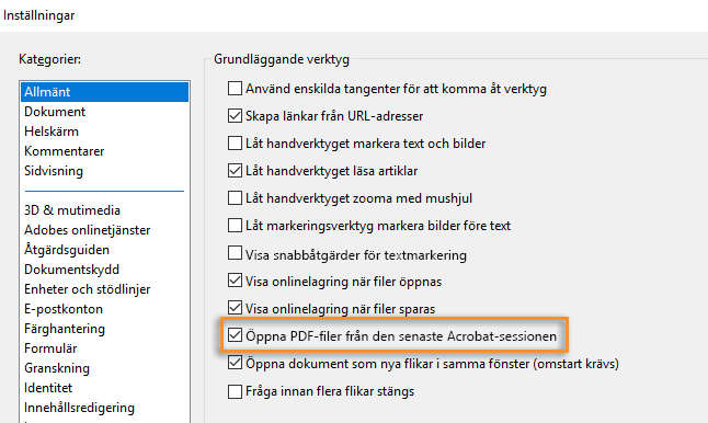 Anger att Acrobat ska öppna PDF-filer från den senaste sessionen vid start