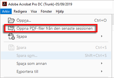 Öppna PDF-filer igen från den senaste sessionen