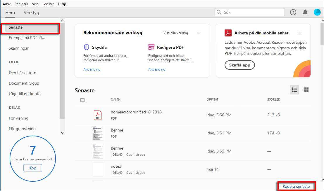 Rensa senast använda filer