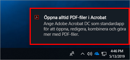 Startmeddelande för att ställa in Acrobat som PDF-standardägare