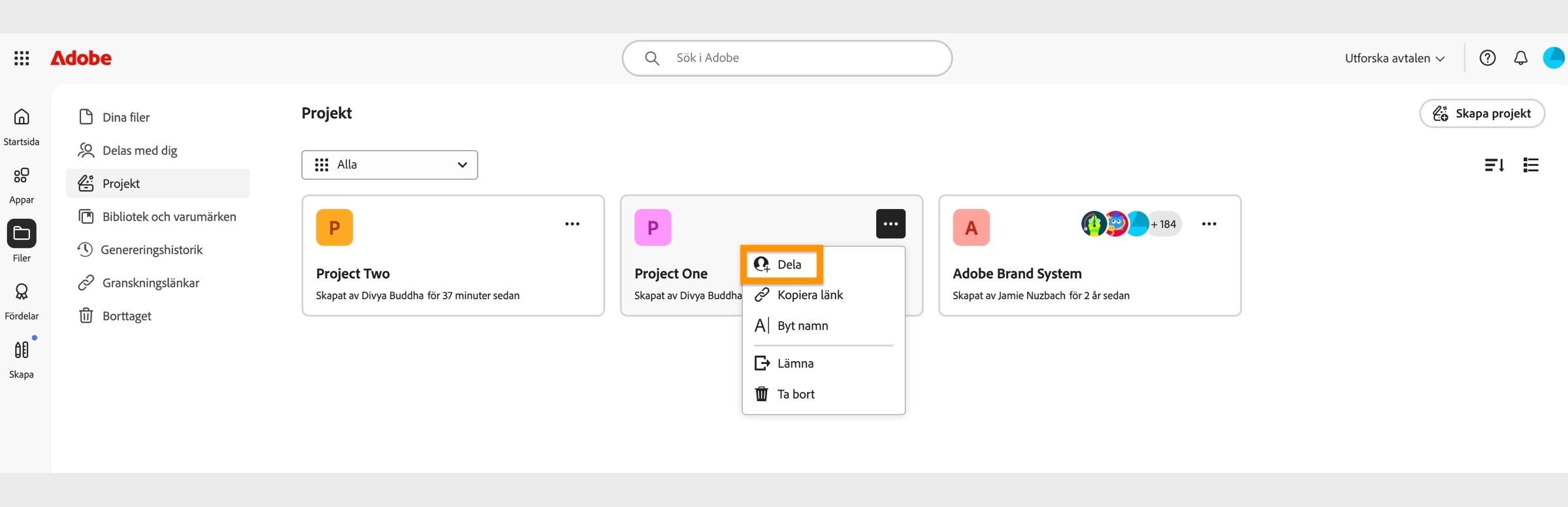 Adobe Creative Cloud-gränssnitt som visar en rullgardinsmeny med alternativ för att dela, kopiera länk, byta namn, lämna eller ta bort.