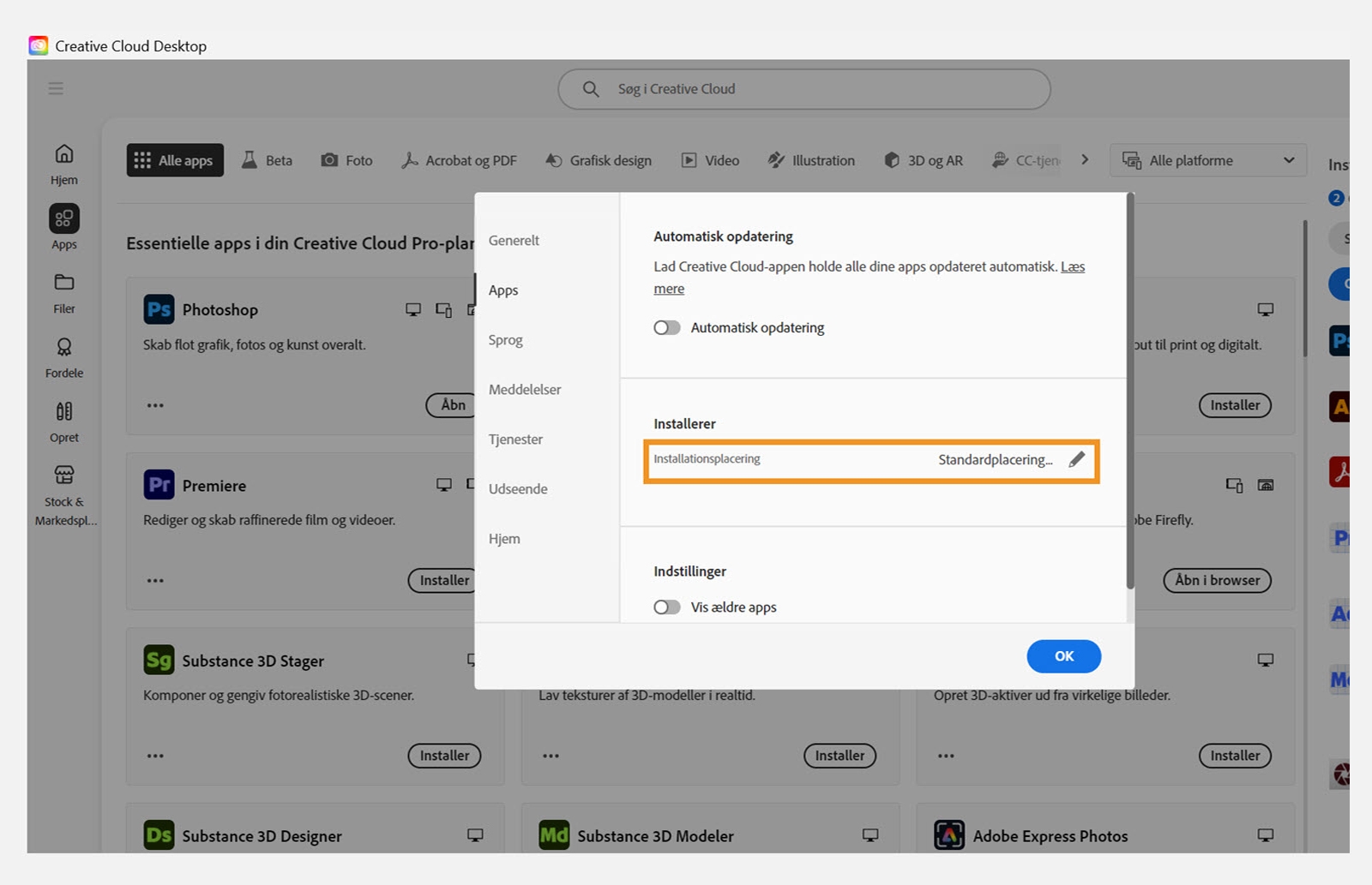 Adobe Creative Cloud inställningspanel öppen på fliken Appar, med avsnittet Installerar markerat där användare kan ställa in standardinstallationsplatsen.
