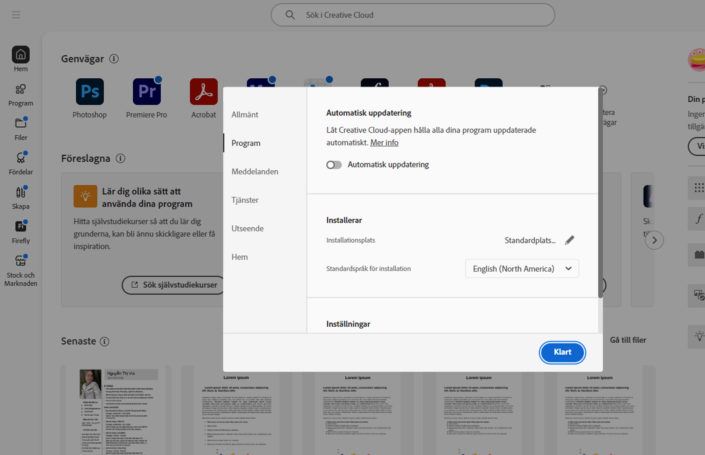 Adobe Creative Cloud-inställningspanelen öppen på fliken "Språk", som markerar alternativet att ställa in standardspråket för appinstallation.