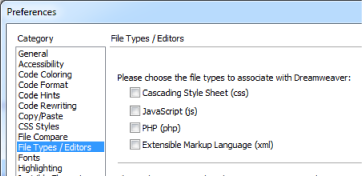 Inställningar av filtyper/redigerare i Dreamweaver CC